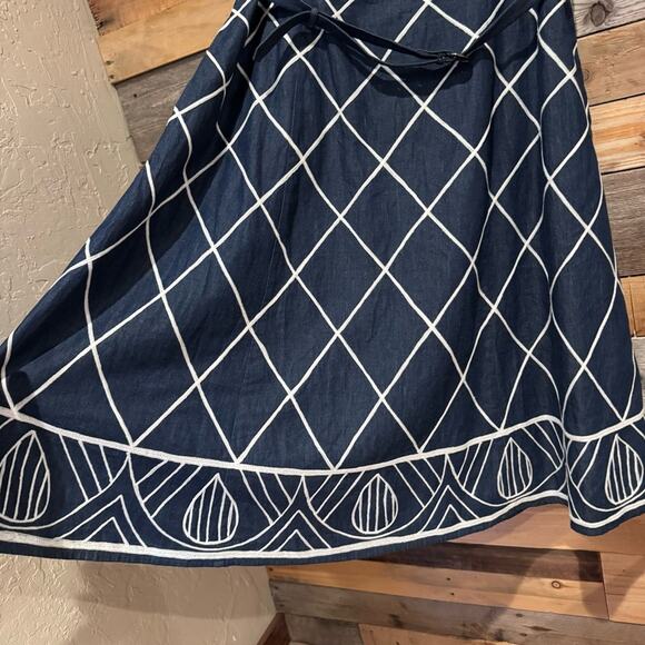 eShakti Embellished Cotton Chambray Belted Short Sleeve Midi Dress Modest Dressy - Picture 5 of 14